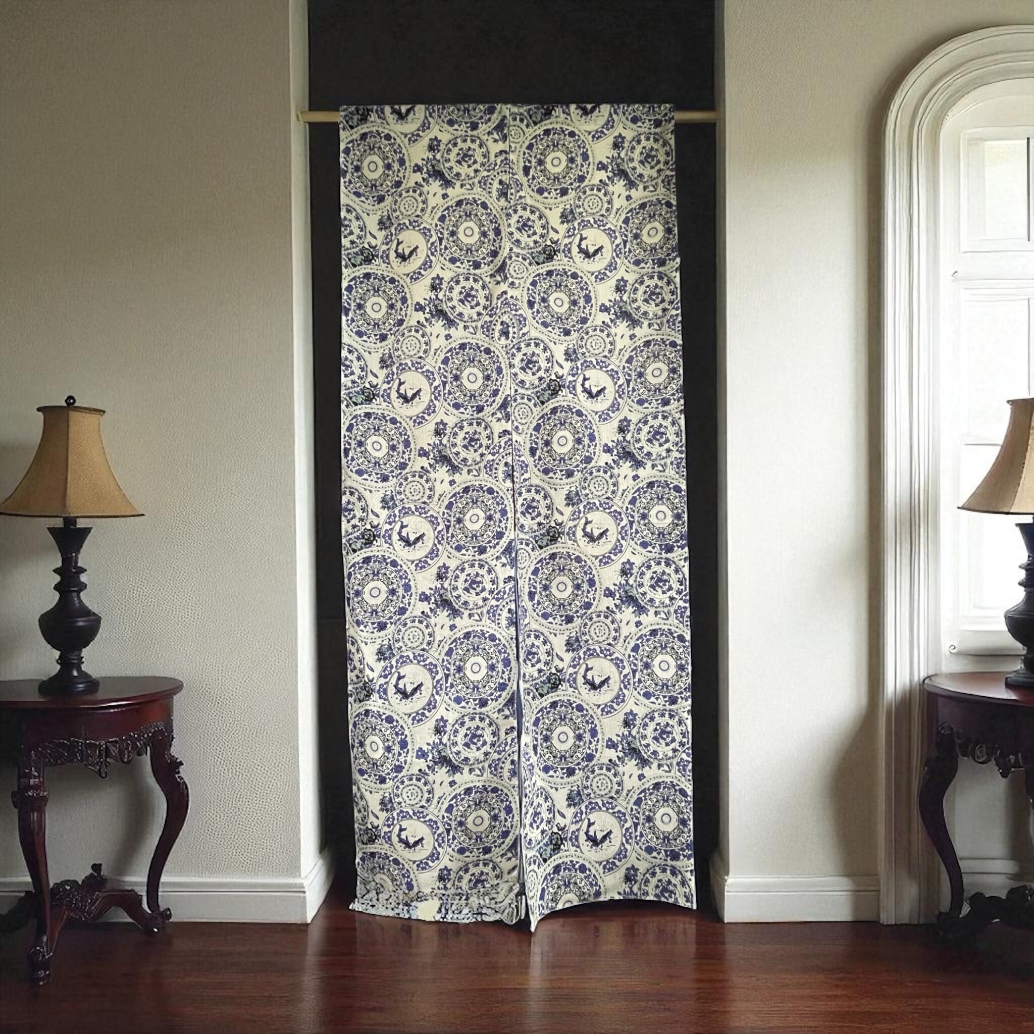 のれん　ネイビー　陶器柄